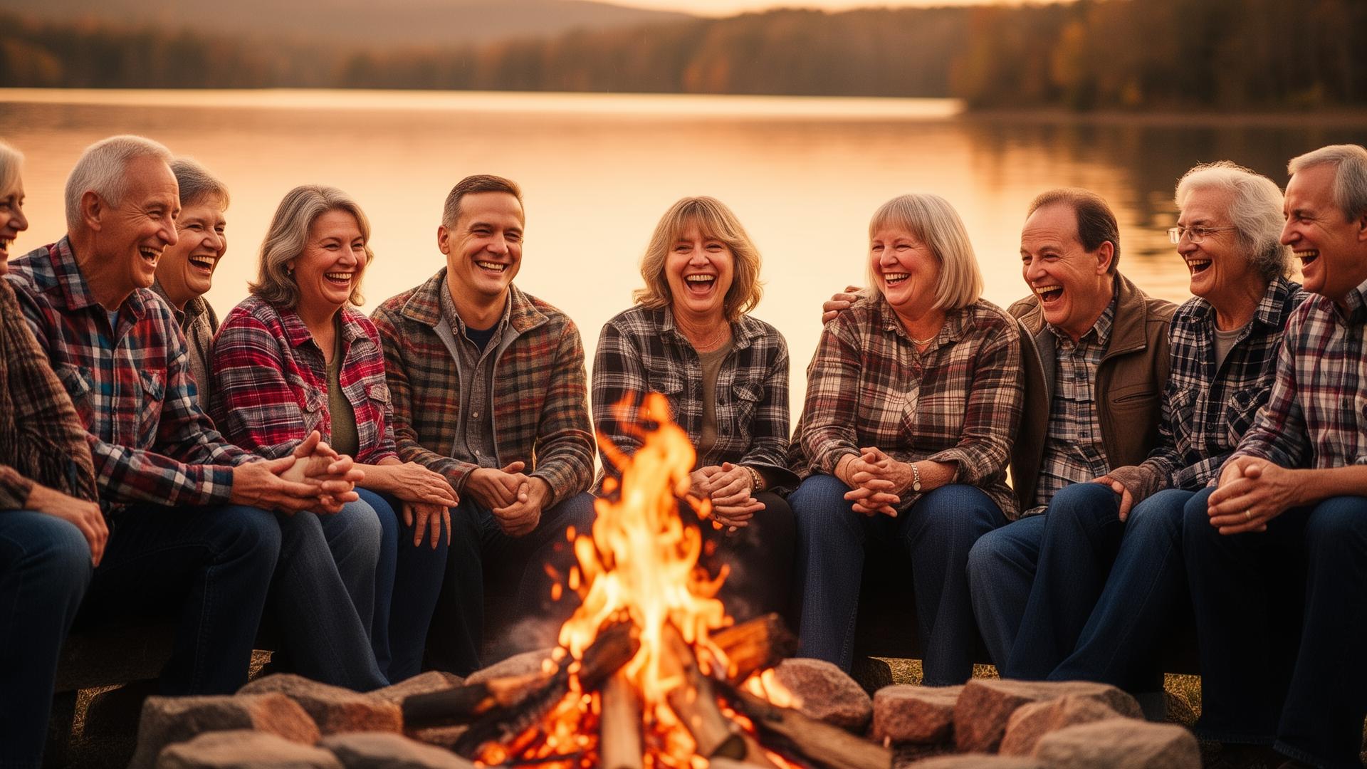 A diverse group of adults laughing together around a campfire by a lake